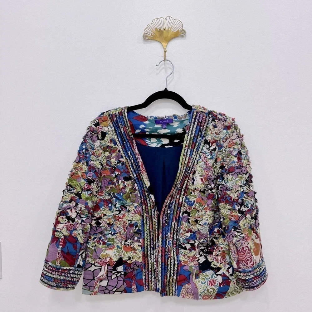 Indikka Mixed Print Open Front quilted Jacket Artsy Novelty Retro Sz Medium